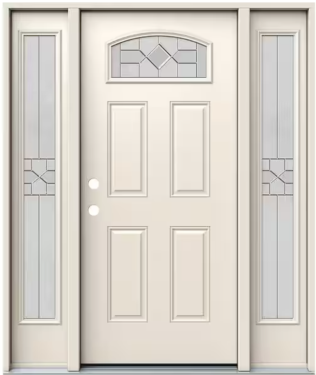 Decorative Camber-Top 3-Lite Glass Steel Prehung Front Door with Sidelites